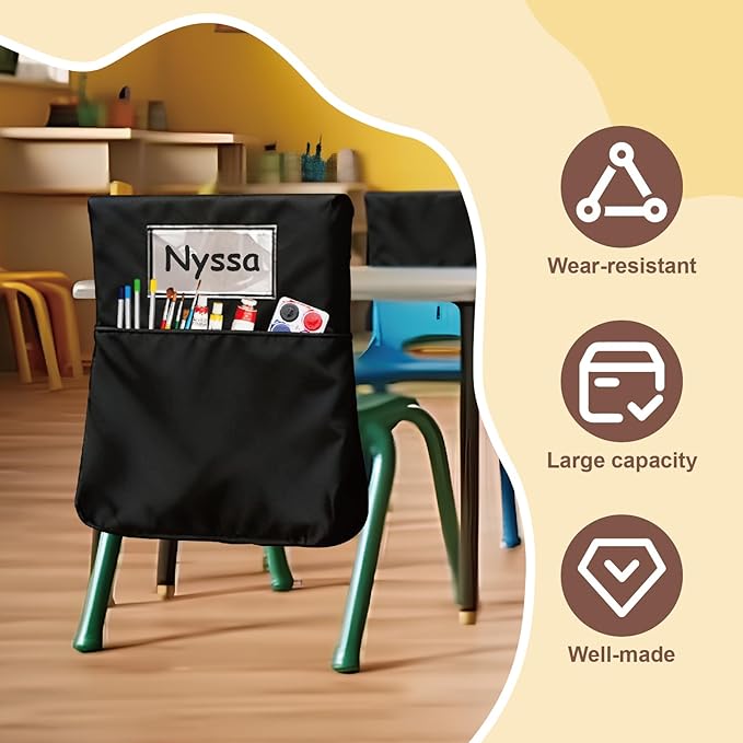 12 Pack 19.5 x 16.5 Inch Student Chair Pockets for Classrooms,Seat Sacks Organizer for K-2 Students to Storage,Chair Back Buddy Pocket with Name Tag Slot, Classroom Must Haves