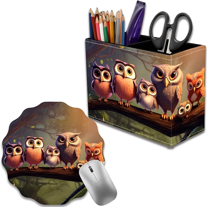 Pen Holder for Desk, PU Leather Multifunctional Desktop Storage Box and Anti-Slip Mouse Pad Set, Makeup Brush Holder Pen Organizer for Office and Home - Cute Owl