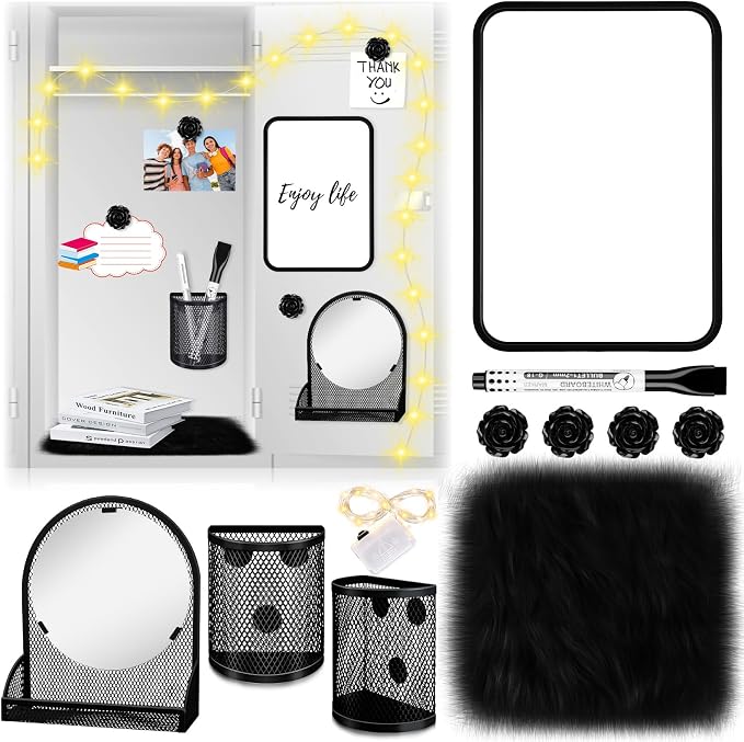 8 Pcs Locker Accessories Kit Black Magnetic Mirror, Magnetic Pen Holders, Cute Flower Magnets,Locker Decorations Supplies First Day of School Essentials Work Locker Organizer