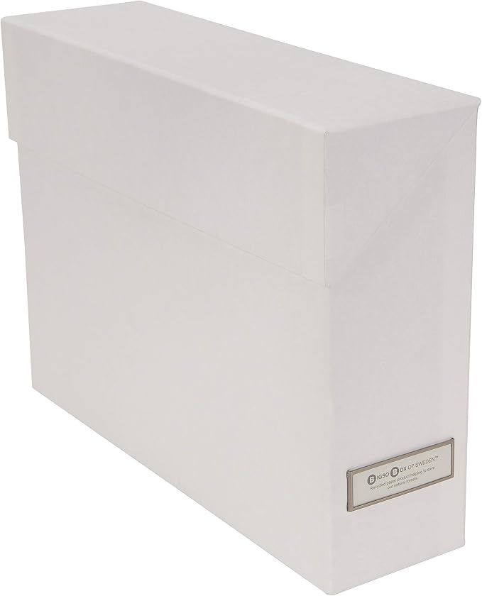 Bigso Lovisa Fiberboard Label Frame 12 File Storage Box | Document Organizer for Important Paperwork | Durable Hanging File Box with a Flip Top Lid & Metal Label Window | 3.7” x 13” x 9.4” | White