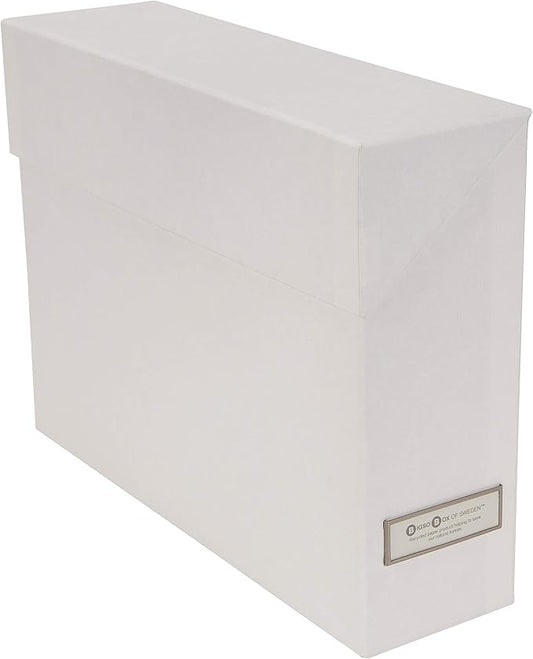 Bigso Lovisa Fiberboard Label Frame 12 File Storage Box | Document Organizer for Important Paperwork | Durable Hanging File Box with a Flip Top Lid & Metal Label Window | 3.7” x 13” x 9.4” | White
