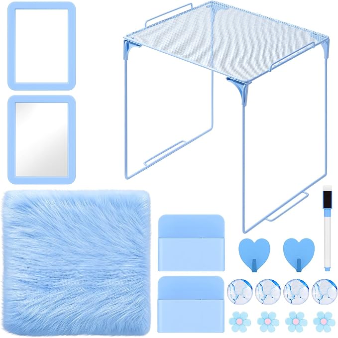 MoKo 17PCS Locker Accessories for Girls, Cute Locker Accessories Kit with Mesh Shelf, Magnetic Dry Erase Board, Mirror, Marker Holder, Marker, Plush Rug, Magnets, Lockers Decor for School/Work, Blue