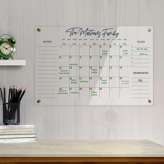 Clear Acrylic Calendar Dry Erase for Wall, Family Planner, Monthly Calendar Dry Erase Whiteboard for Home, Office, 24" x 16" Reusable White Board（YL-4060）