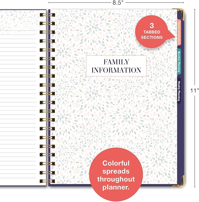 Undated Family Planner Organizer – 8.5" x 11" Weekly & Monthly Calendar for 5+ People, Meal Planning, Budgeting, Habit Tracker – Hardcover, Household Schedule Organizer for Parents, Kids, & Caregivers (Small Navy Floral)
