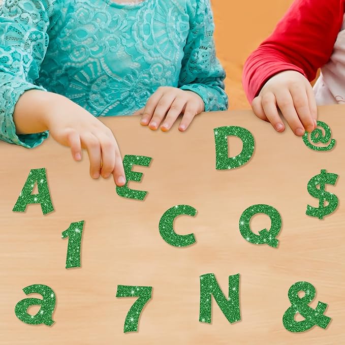Colarr 216 Pcs Glitter Bulletin Board Letters for Classroom Number Alphabet Punctuation Symbol Cutout 4'' Die-Cut Poster Letter with Adhesive Dot School Graduation Party Summer Decor Display(Green)