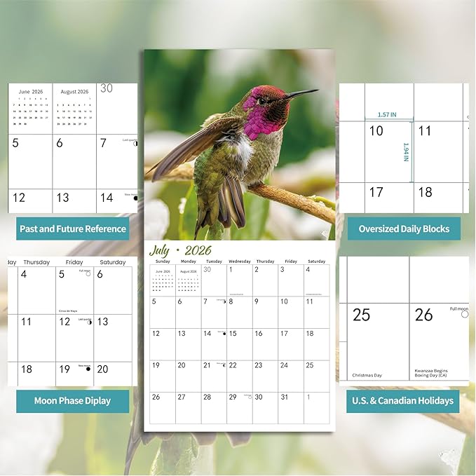 2025-2026 Wall Calendar Hummingbird | 18 Monthly Hangable Hummingbird Calendars | 12" x 24" (Open) | Thick & Sturdy Paper for Organizing & Planning | Home and Office | Hummingbird