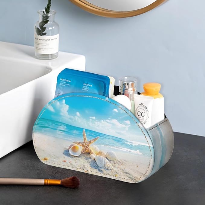 Forchrinse Blue Sky Hawaii Starfish Leather TV Remote Control Holder with 5 Compartments,Desktop Media Player Remote Caddy Storage Box Organizer Non Slip