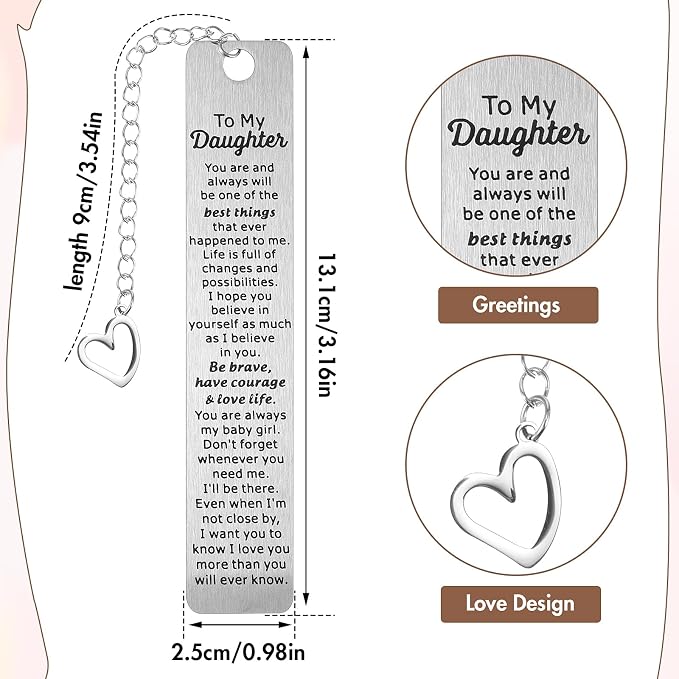 Inspirational Daughter Birthday Gift Bookmark Book Lovers Girl Gifts Bookmarks Metal Book Marker with Heart Shaped Chain Bookmark for Kids Teen Girls Stepdaughter, Birthday Graduation