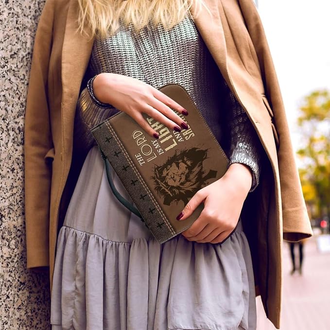 Retro Religious Style Bible Case with Bookmark Waterproof Bible Cover Case for Women Lightweight Bible Bag with Handle Pockets Church Book Bag Brown