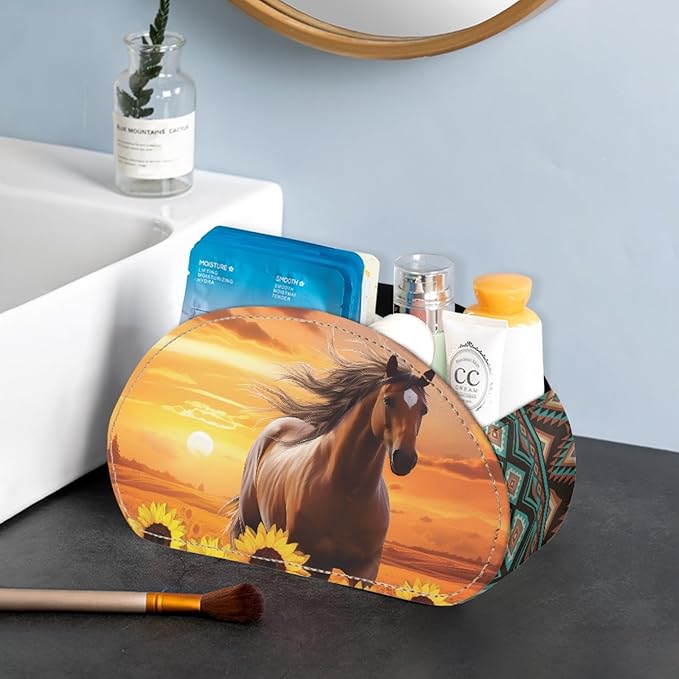 FUSURIRE Remote Control Holder, Sunset Horse PU Leather Organizer Box with 5 Compartments for Home Office Supplies, Remote Caddy Desktop Storage for Controllers, Media Player, Makeup Brush, Pen