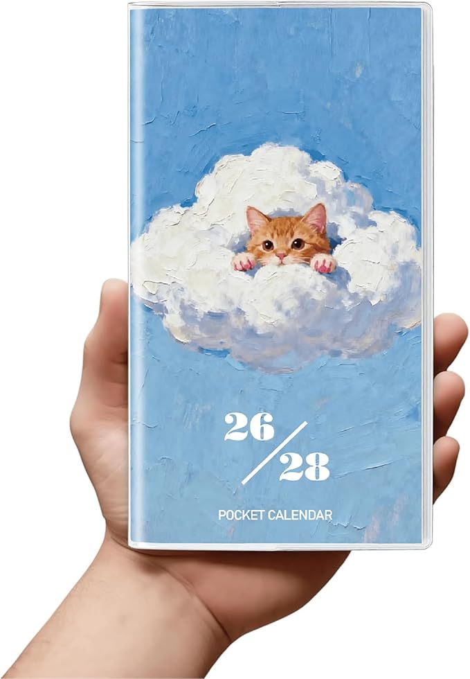Pocket Calendar 2026-2028 Animal Series, Monthly Planner Jan 2026 to Jul 2028 (3.7" x 6.7") Perfect Purse Calendar, Pocket Agenda with Protective Plastic Sleeve- Cloud Cat