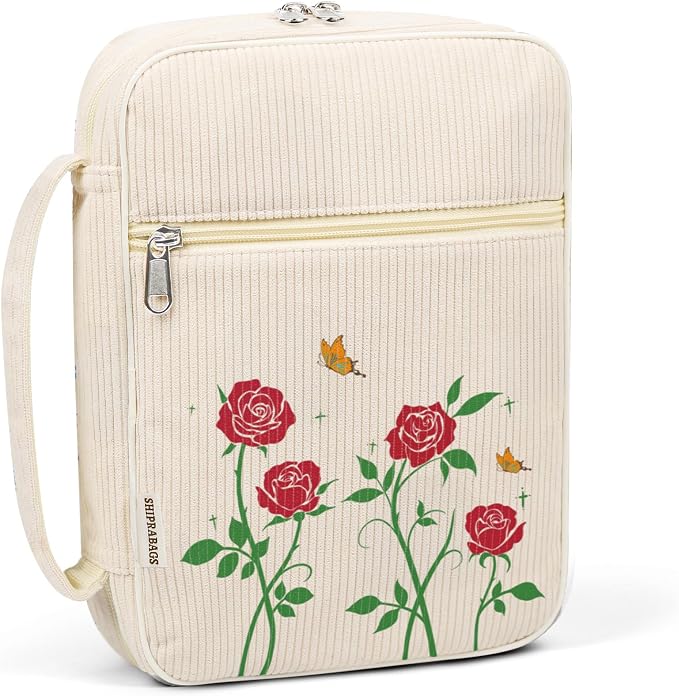 shirabags Bible Cover Case for Women, Corduroy Bible Bag Tote with Handles, Soft Floral Book Cover Large Size, Study Carrier Bag Case Christian Gifts for Women (red Rose, M)