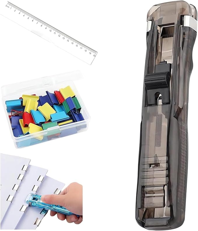 Portable Binder Clip Stapler, Includes 50 Reusable Clips, Push Clip Stapler, Small Binding Office Supplies Handheld Staplers Staples Set, Binder Clips Paper Clamps (A)