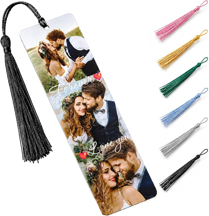 Personalized Photo Bookmark with Text, Custom Metal Page Marker with Tassel, Double Sided Aluminum Alloy Gift for Women Men Teachers Students and Book Lovers (3 Photos)