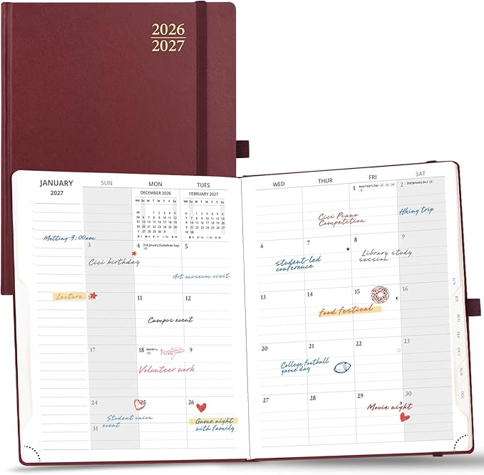 POPRUN Monthly Planner 2026-2027, Large Size-8.5" x 10.5", 18 Month Calendar Book (Jul 2026 - Dec 2027), Academic Calendar Planner with Tabs, Inner Pocket, Hard Cover, 100GSM Paper - Burgundy