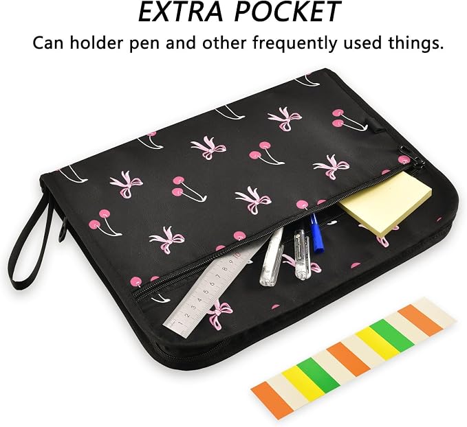 Expanding File Folder Black Pink Bow Cherry Accordion File Organizer 13 Pockets Document Organizer with Zipper Labels A4 Letter Office Storage