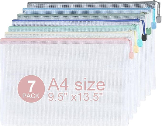 7 Pack Mesh Zipper Pouch Bags, A4 Plastic Zipper Bags,Waterproof File Pouches for Office Supplies, Travel, Storage, Puzzles & Board Games