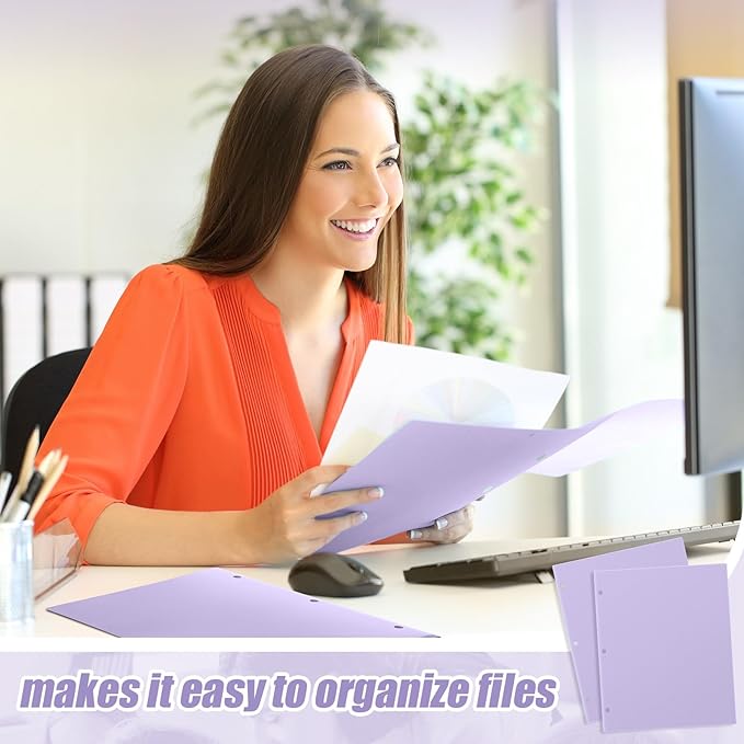 Yeaqee 100 Pcs Plastic Folders with Pockets Bulk 3 Hole Punched 2 Pocket File Folders for 3 Ring Binder Divider Folder for Notebooks, Durable Poly for Office Home (Light Purple)