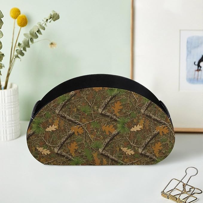 5-Slot Remote Storage Box, PU Leather Desk Organizer for TV Remotes, Makeup Brushes, and Bedside Table, Hunting Realistic Camo Tree Camouflage