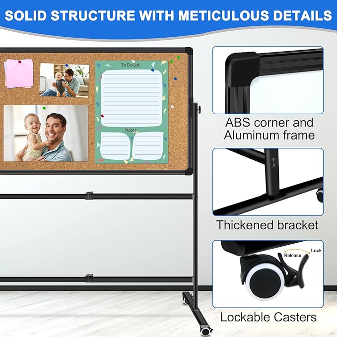 Max-officoo 36"x24" Double-Sided Mobile Whiteboard and Cork Boards with Stand Adjustable Height and Angle Rolling Magnetic Dry Erase Board