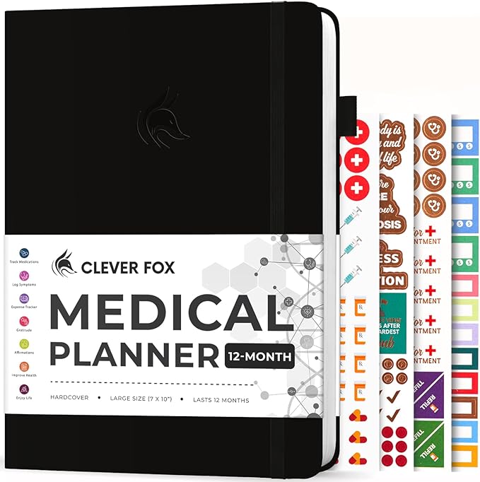 Clever Fox Large Medical Planner 12-Month – Medical Notebook, Health Diary, Wellness Journal to Track Health – 12 Months, 7x10.5″ (Black)