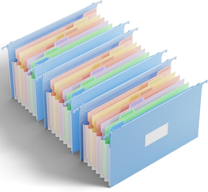 Ansook Legal Size Hanging File Folders, 1.2" Expandable 7 Accordion Pockets File Organizer, 3 Pack Hanging Folders for Filing Cabinet, Heavy Duty File Folders Hanging with Tabs, 50% Wheat Straw (Blue)