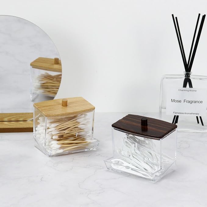 Mulitbey 2-Pack Acrylic Paper Clip Holder with Bamboo Lid – Thick Acrylic Self-Dispensing Desk Organizer Square Paper clip dispenser Cute Qtip Holder for Office, Vanity Bathroom (Clips Not Included)