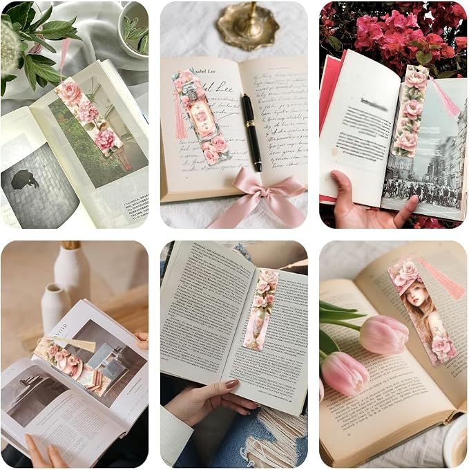 Peacoblue 30pcs UV DTF Bookmarks Transfer Stickers Wraps Pink Retro Flowers for Women Men Reading, Waterproof Bookmarkers Decal(No Blank Bookmarks) for Acrylic Plastic Metal Blank Bookmark