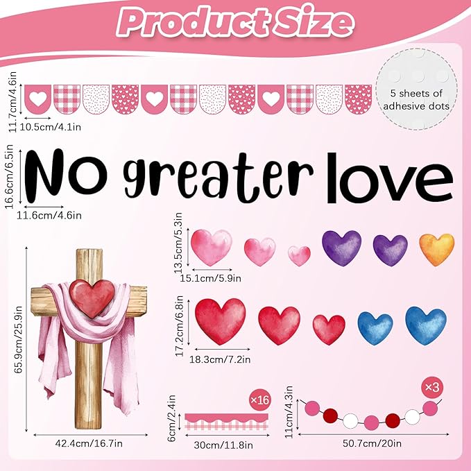 Valentine's Day Christian Bulletin Board Decoration Set Love Heart Cross Bible Verse No Greater Love Bulletin Board Classroom Decoration Cutouts for Sunday School Church VBS Wall Door Decors