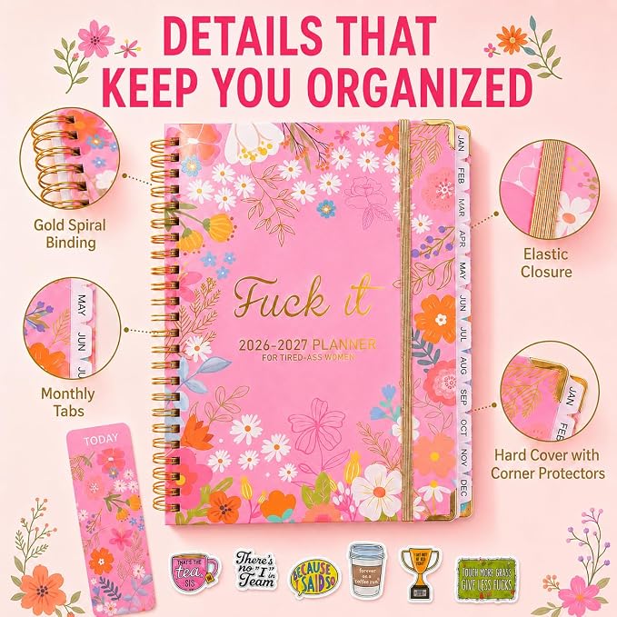 Fuck it Planner Calendar 2026-2027 - A5 6.2*8.5" Weekly Monthly Swear Notebook for Goals Productivity, Fucking Sweary Daily Agendas Organizer Get Shit Done Journal, Funny Gifts for Tired Women, Pink