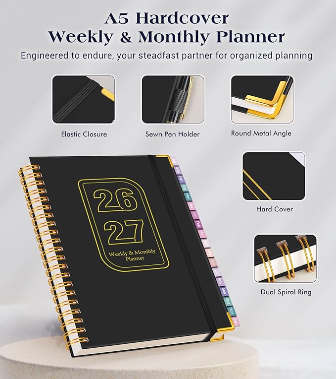 Academic Planner 2026-2027, 18 Months Weekly and Monthly Hardcover Planner, July 2026 - December 2027, 8.5" x 11" A4 Large Daily Calendar Planner Book with Tabs, Spiral College School Agenda Organizer for Student Teacher, Black