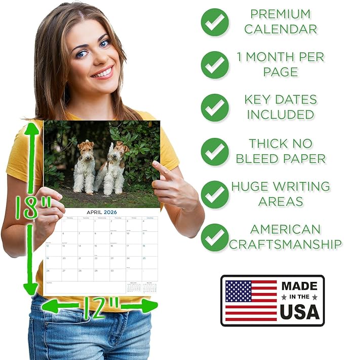 2025 2026 Fox Terrier Wirehaired Calendar - Dog Breed Monthly Wall Calendar - 12" x 18" Open - Thick No-Bleed Paper - Giftable - Academic Teacher's Planner Calendar Organizing & Planning - Made in USA