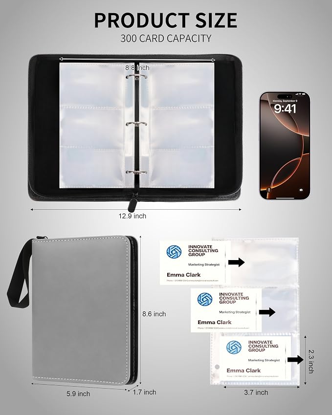 Leather Business Card Book Holder Organizer, Professional Name Card Book Holder with 300 Card Capacity, Portable PU Credit Card Binder File Sleeve Storage for Men Women,50 Pack Sleeves Zipper Closure