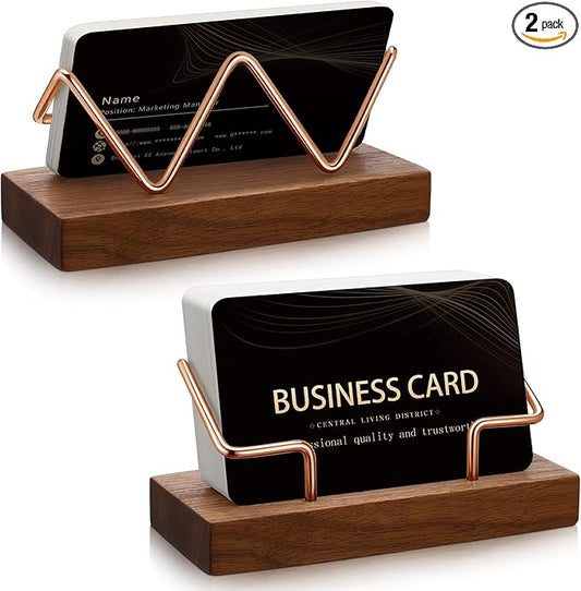 Amyhill 2 Pieces Wood Business Card Holder for Desk Wooden Business Card Display Stand Postcard Holder for Office Home Desktop (Walnut Color, Rose Gold)