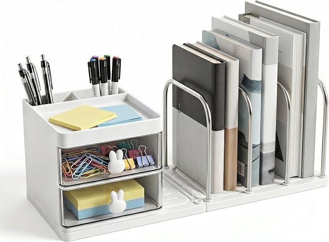 Marte Vanci Desk Organizer with File Holder, Versatile Tidy Organizer with 2 Drawers & Pen Holder, Stationery Storage Rack Detachable Bookends Desktop Caddy for Home Office Supplies Desk Accessories
