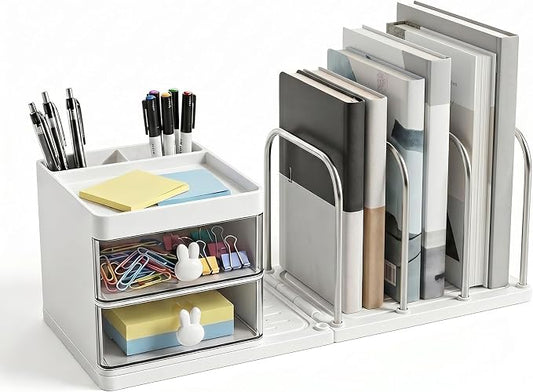 Marte Vanci Desk Organizer with File Holder, Versatile Tidy Organizer with 2 Drawers & Pen Holder, Stationery Storage Rack Detachable Bookends Desktop Caddy for Home Office Supplies Desk Accessories