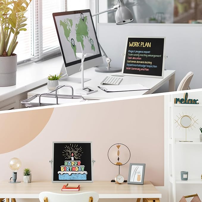 Small Magnetic Chalk Board Easel 10"X10", Double-Sided Tabletop & Wall Hanging Chalkboard with 4 Chalks & Eraser, Desktop Mini Black Board Sign for Office Desk Home Menu and School