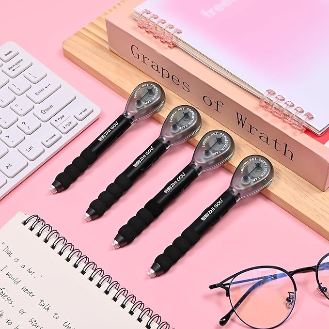 Temiary 4 Pcs White Correction Tape Pen, 19.69 ft Smooth Pull Out Tape Pens, Instantly Dry, Easy to Use Applicator for School Office Supplies (Black)