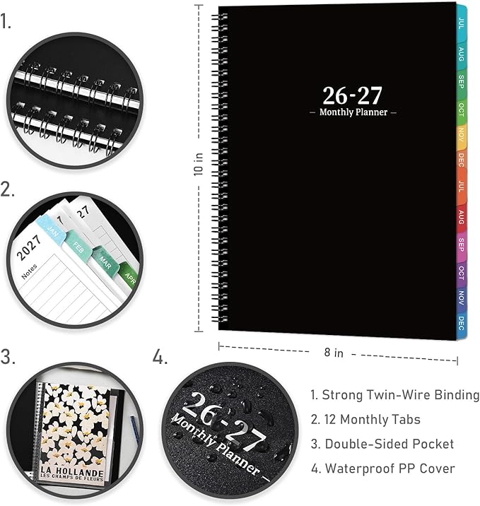 2026-2027 Monthly Planner - Academic Planner/Calendar 2026-2027, JUL 2026 - DEC 2027, Monthly Planners with Colorful Tabs, Planners for Daily Organizing - Waterproof Cover ( 8" x10", Notes Pages, Black)