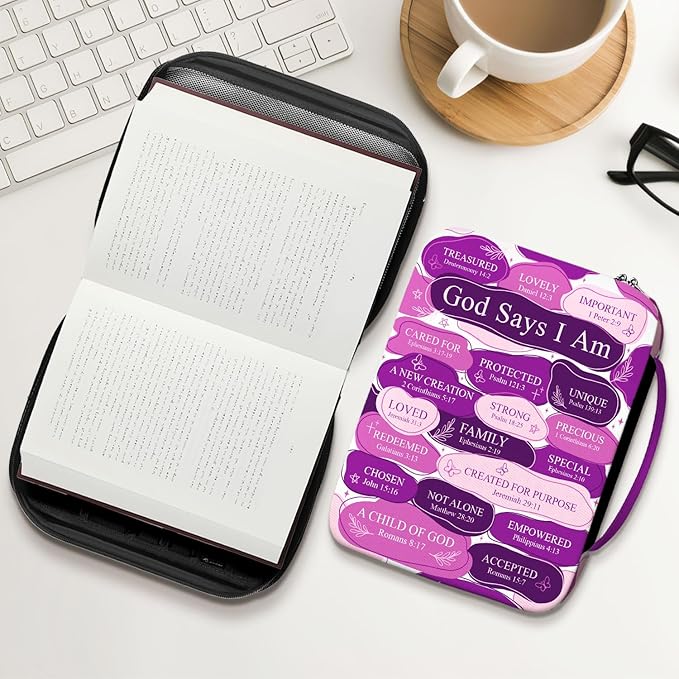 God Says I Am Bible Cover for Women with Handle and Zipper Pocket, Christian Scripture Case for Girls, Inspirational Purple Bible Bag, Fits Standard Size, Faith Gift for Mom, Church