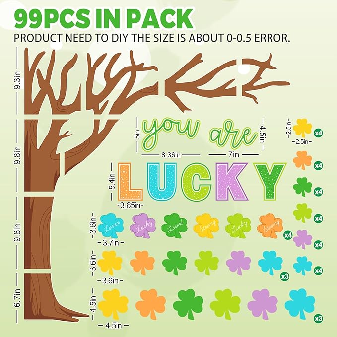 Whaline 99 Pcs St. Patrick's Day Tree Bulletin Board Decoration Colored Shamrock Clover Tree You are Lucky Charm Paper Cutouts with 200 Pcs Glue Points for Irish Party Classroom Wall Decor