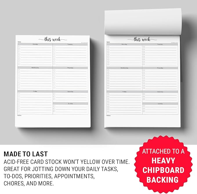 321Done Weekly Checklist Planning Pad - 50 Sheets (8.5" x 11") - This Week to Do Notepad Tear Off, Desktop Planner Large Letter-Size - Made in USA - Simple Script