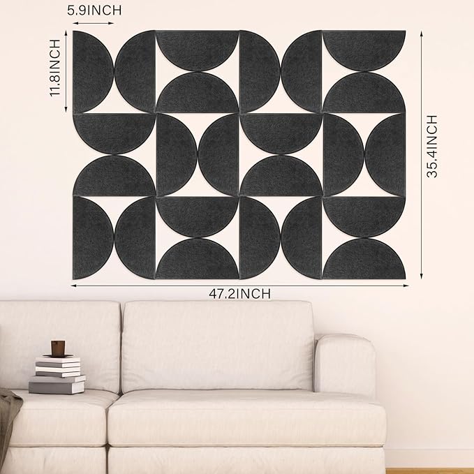 Mindsoft 24 Pack Decorative Bulletin Board Felt Wall Tiles Bulk 11.8"x5.9" Semi-Circle Large Wall Art with Removable Adhesive Tabs for Customizable DIY Home Office Decoration Gift (Black)