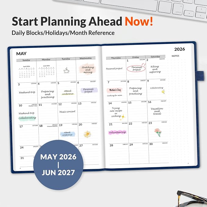 SUNEE 2026-2027 Weekly & Monthly Hardcover Planner 5.5" x 8.3" - 12 Month (July 2026 - June 2027), Small Academic Year Calendar Planner, Pocket, Notes, 100 GSM Paper, Deep Blue