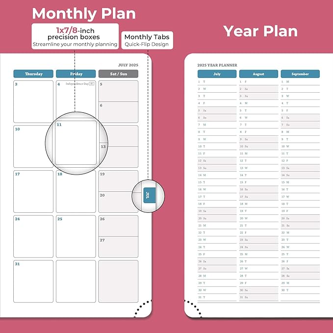 Weekly Monthly 2025-2026 Planner (July 25-Dec 26),6.5"x3.75",18 Months Agenda Plan with Month Tabs & Pocket,Expenses/Note Pages, Academic Calendar with Vegan Leather Cover,Rose Red