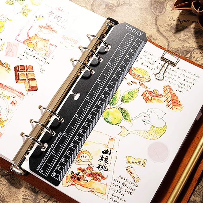 JKJF 4 Pcs Plastic Page Marker Snap-in Bookmark Ruler Binder Ruler for A5 Size 6-Hole Notebook Filler - Clear and Black