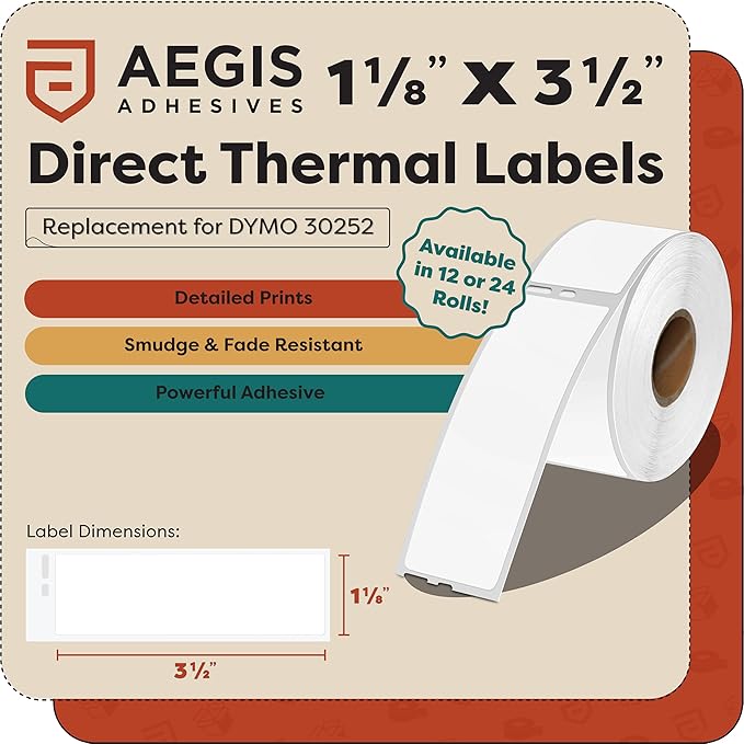 Aegis Adhesives - Replacement for DYMO 30252 (12 Rolls, 4200 Labels) 1 1/8" X 3 1/2" Direct Thermal Address Labels - Compatible with LabelWriter 450, 450 Turbo, 4XL Printers (NOT 550, 5XL)