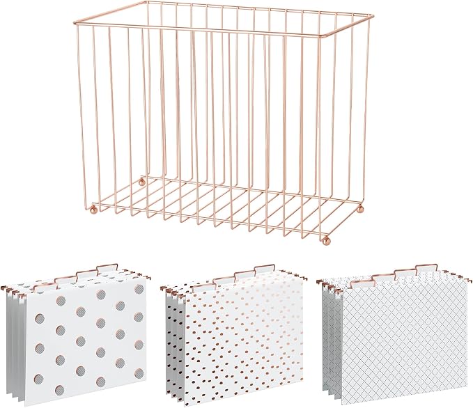 Y YOMA 1 Pack Rose Gold Desktop Hanging File Organizer | 12 Pack Rose Gold Hanging File Folders with Tabs & Insert | Letter Size Metal File Kit for Desk Home Office, I Shaped
