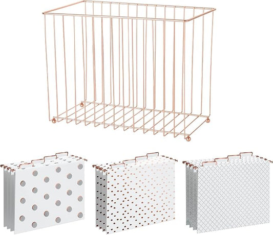 Y YOMA 1 Pack Rose Gold Desktop Hanging File Organizer | 12 Pack Rose Gold Hanging File Folders with Tabs & Insert | Letter Size Metal File Kit for Desk Home Office, I Shaped