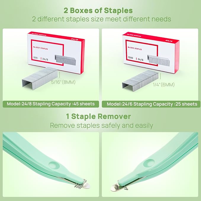 Electric Stapler for Desk Value Pack, 45 Sheet Capacity, Includes 1500 Staples & Staple Remover, No-Jam, Faster Stapling, AC Adapter Powered, Saga Green
